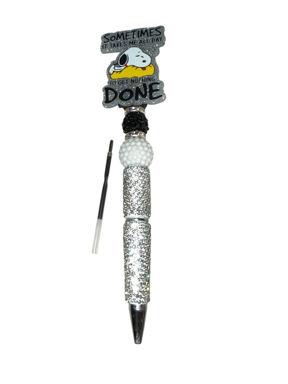 Snoopy Rhinestone Beaded Pen Handcrafted Silver Bling NEW With Refill - Picture 2 of 4
